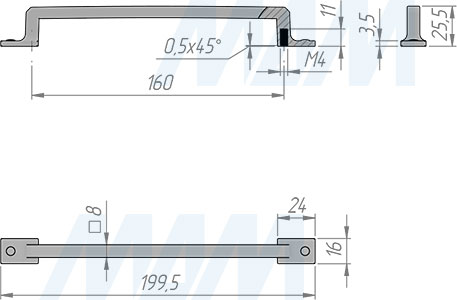 Размеры ручки-скобы с межцентровым расстоянием 160 мм (артикул WMN.218.160)