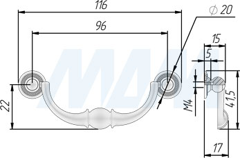 Размеры ручки-скобы с межцентровым расстоянием 96 мм (артикул WMN.5133.096)