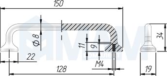 Размеры ручки-скобы с межцентровым расстоянием 128 мм (артикул WMN.799.128)