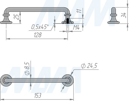 Размеры ручки-скобы с межцентровым расстоянием 128 мм (артикул WMN.839.128)