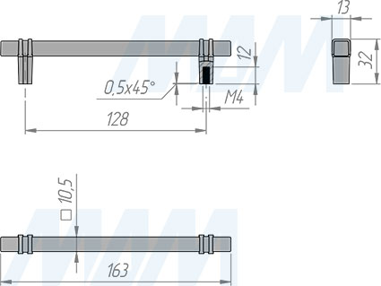 Размеры ручки-скобы с межцентровым расстоянием 128 мм (артикул WMN.853.128)