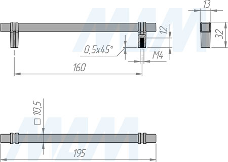 Размеры ручки-скобы с межцентровым расстоянием 160 мм (артикул WMN.853.160)