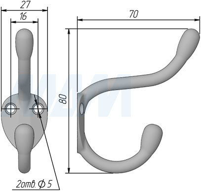 Размеры двухрожкового крючка (артикул WP71)