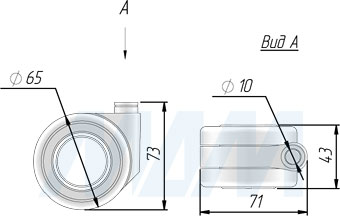 Размеры колесной опоры DENVER с прорезиненным колесом диаметром 65 мм без стопора (артикул CST15)