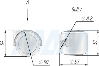 Размеры колесной опоры RINO с прорезиненным колесом диаметром 50 мм без стопора (артикул CST16)