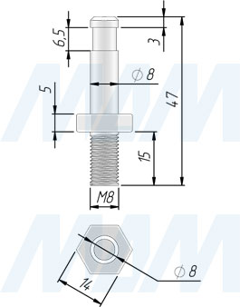 Размеры штифта М8 для колесных опор RINO, JACKSON, TUSON (артикул FIX10 M8)