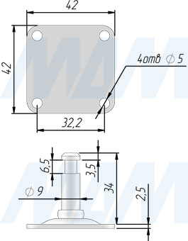 Размеры площадки 42х42 мм для колесных опор RINO, JACKSON, TUSON (артикул FIX10 PL)