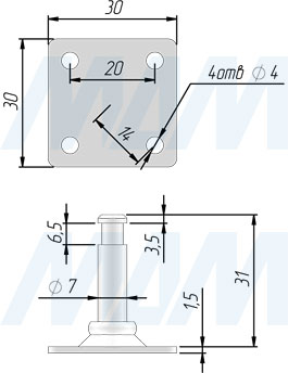 Размеры площадки 30х30 мм для колесных опор PORTLAND (артикул FIX11 PL)