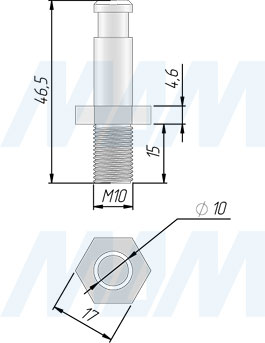 Размеры штифта М10 для колесных опор DENVER (артикул FIX12 M10)