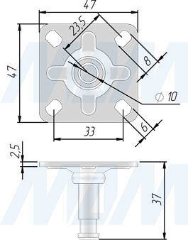 Размеры площадки 47х47 мм для колесных опор DENVER (артикул FIX12 PL)