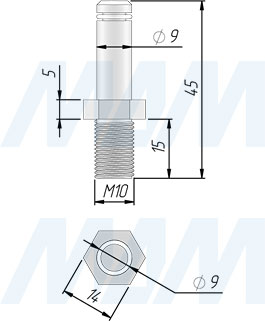 Размеры штифта М10 для колесных опор BISMARK, DALLAS (артикул FIX15 M10)