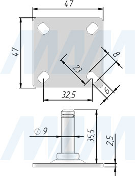 Размеры площадки 47х47 мм для колесных опор BISMARK, DALLAS (артикул FIX15 PL)