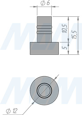 Размеры подпятника с круглой плоской шляпкой под отверстие диаметром 6 мм (артикул HL.R.12)