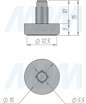 Размеры подпятника с круглой шляпкой под отверстие диаметром 5 мм (артикул HL.R.15)