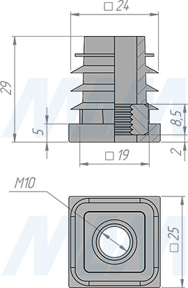 Размеры заглушки-подпятника 25х25 мм с гайкой M10 (артикул HL.S.25Х25.M10)