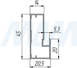 Размеры широкого рамочного профиля INTEGRO, 45х20х20 мм (артикул IN0 19A)