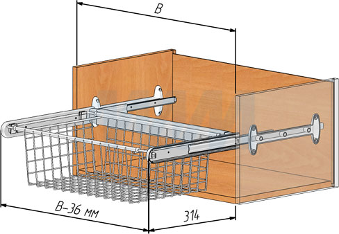 Установка корзины BELLE с полным выдвижением для хранения белья для шкафа глубиной 350 мм (артикул BE60BA35, BE70BA35, BE80BA35, BE90BA35), схема 1