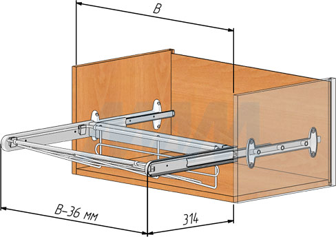 Установка корзины BELLE с полным выдвижением для хранения обуви для шкафа глубиной 350 мм (артикул BE60SH35, BE70SH35, BE80SHA35, BE90SH35), схема 1