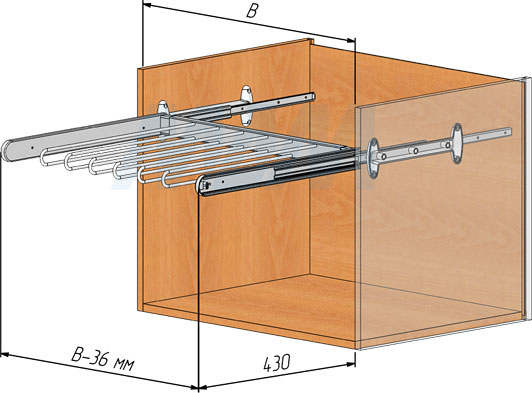 Установка вешала BELLE с полным выдвижением для хранения брюк (артикул BE60TR, BE70TR, BE80TR, BE90TR), схема 1