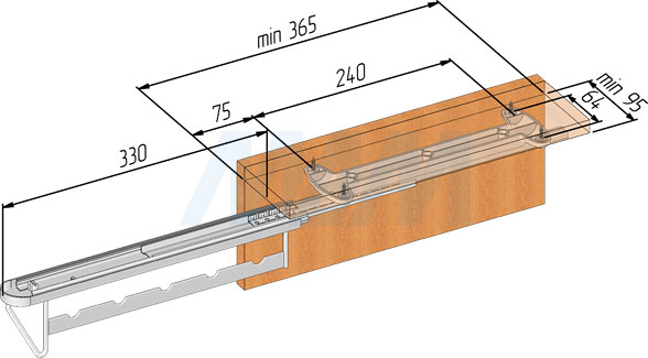Установка выдвижной штанги BELLE с полным выдвижением для хранения брюк для шкафа глубиной 350 мм (артикул BEHA35), схема 1