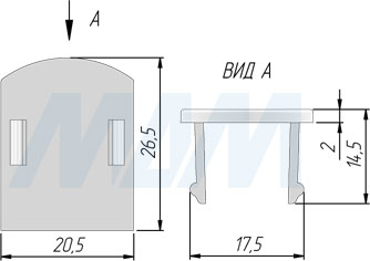 Размеры заглушки PORTAGLASS LUX WALL для нижнего профиля (артикул CAP91243)