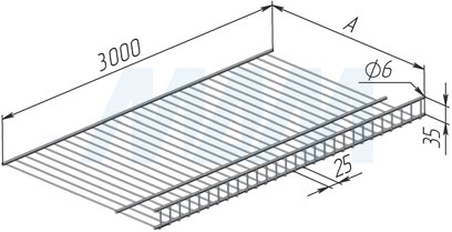 Размеры сетчатой полки (артикул ПС 300*3000, ПС 400*3000, ПС 500*3000)