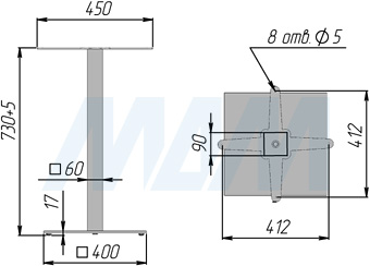Размеры подстолья (60х60 мм, высота - 730 мм, артикул F7S60X60/730)