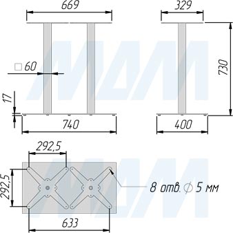 Размеры двойного подстолья (60х60 мм, высота (H) 730 мм, регулировка 5 мм, артикул FS7TW60X60/730)