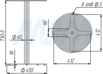 Размеры подстолья (диаметр - 60 мм, высота - 730 мм, артикул L2D60/730)