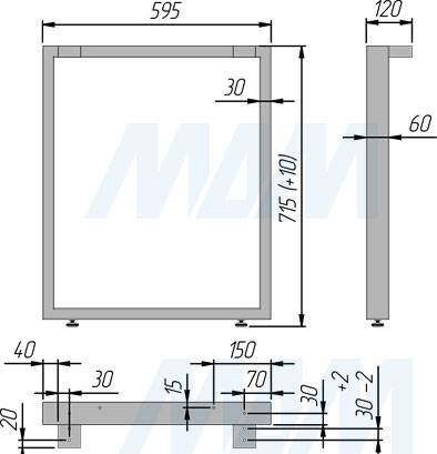 Размеры П-образной опоры для стола, сечение 60х30 мм, высота 715 мм, регулировка 10 мм (артикул П60X30/715)