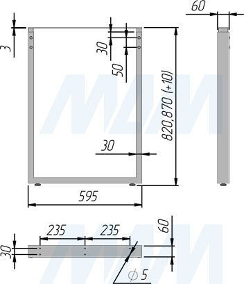 Размеры П-образной опоры для стола, сечение 60х30 мм, высота 820-870 мм, регулировка 10 мм (артикул ПТ60X30/820-870)