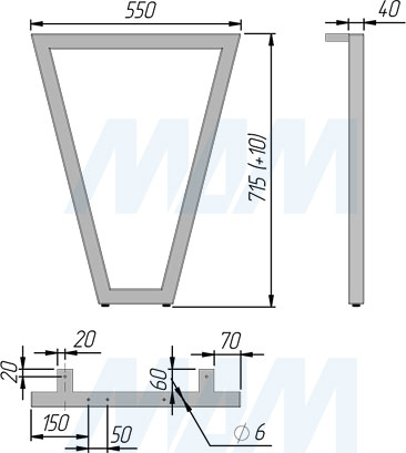 Размеры V-образной опоры для стола, сечение 40х40 мм, высота 715 мм, регулировка 10 мм (артикул V40X40/715)