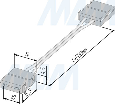 Размеры коннектора для светодиодной ленты 5050, 10 мм, провод 50 см (артикул LSA-10-PC-L50-PC)