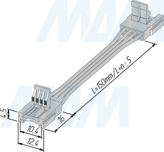 Размеры коннектора SLIM для ленты 10 мм RGB, провод 150 мм (артикул LSA-10R4-SL-SS-15-20)