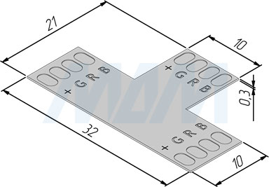 Размеры T-образного коннектора STRIP для светодиодной ленты RGB 10 мм (артикул LSA-10R4-SP-T-U)