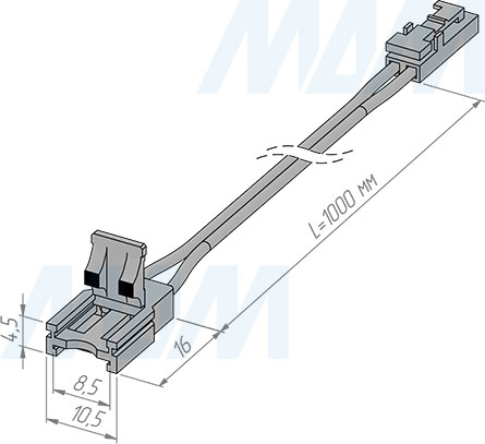 Размеры провода с разъемом LED для ленты 8 мм, папа-12V (артикул LSA-8-LED-12M)