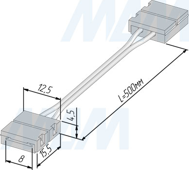 Размеры коннектора для светодиодной ленты 2835, 8 мм, провод 50 см (артикул LSA-10-PC-L50-PC)