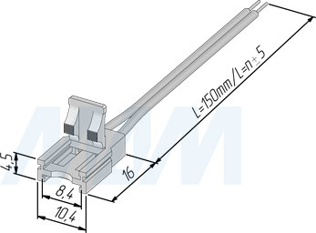 Размеры коннектора SLIM для ленты 8 мм, к блоку питания, провод 150 мм (артикул LSA-8-SL-SP-15-20)