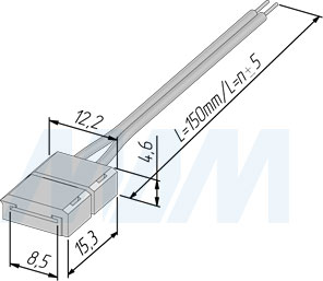 Размеры коннектора STANDART для ленты 8 мм, к блоку питания, провод 150 мм (артикул LSA-8-ST-SP-15-20)