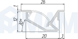 Размеры врезного профиля FM4 26X13 мм для светодиодной ленты (артикул LSP-FM4-ALU)