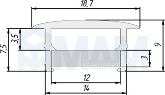 Размеры врезного профиля FW5 для светодиодной ленты, 19,5х8,5 мм (артикул LSP-FW5-PC-3000-0)