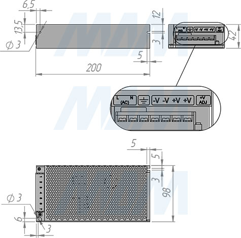 Размеры блока питания STANDART AC-230, DC-12V и DC-24V, IP20, 150W (артикул PS12-IP20-ST-150W и PS24-IP20-ST-150W)