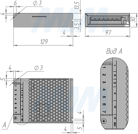 Размеры ультратонкого блока питания STANDART AC-230, DC-12V и DC-24V, IP20, 100W (артикул PS12-IP20-ST-U-100W и PS24-IP20-ST-U-100W)