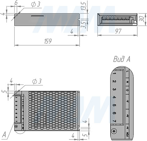 Размеры ультратонкого блока питания STANDART AC-230, DC-12V и DC-24V, IP20, 150W (артикул PS12-IP20-ST-U-150W и PS24-IP20-ST-U-150W)