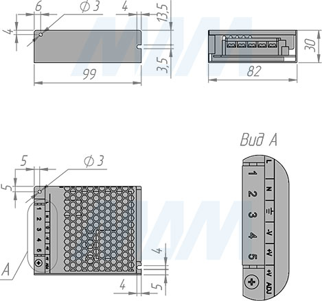 Размеры ультратонкого блока питания STANDART AC-230, DC-12V и DC-24V, IP20, 60W (артикул PS12-IP20-ST-U-60W и PS24-IP20-ST-U-60W)