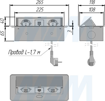 Размеры горизонтального выдвижного блока, 2 розетки, 2 USB (артикул RBS-2S-2USB)