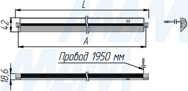 Размеры светодиодного светильника RAM с ИК-выключателем (IR) длиной 900 мм (артикул RM12-900IR)