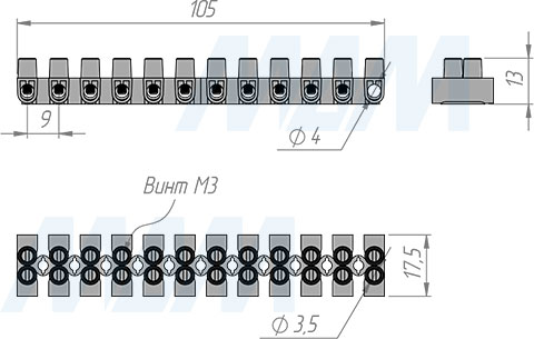 Размеры клеммной колодки, 12 портов, для провода 1,5-6 кв. мм, ток 6 А (артикул TB-12-6)