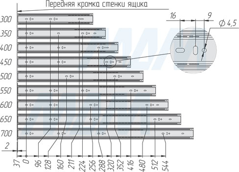 Присадочные размеры на ящик шариковых направляющих VEKTOR BS45 PUSH-TO-OPEN высотой 45 мм полного выдвижения с толкателем