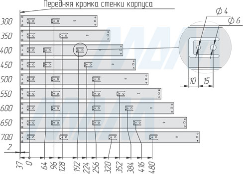 Присадочные размеры на корпус шариковых направляющих VEKTOR BS45 PUSH-TO-OPEN высотой 45 мм полного выдвижения с толкателем